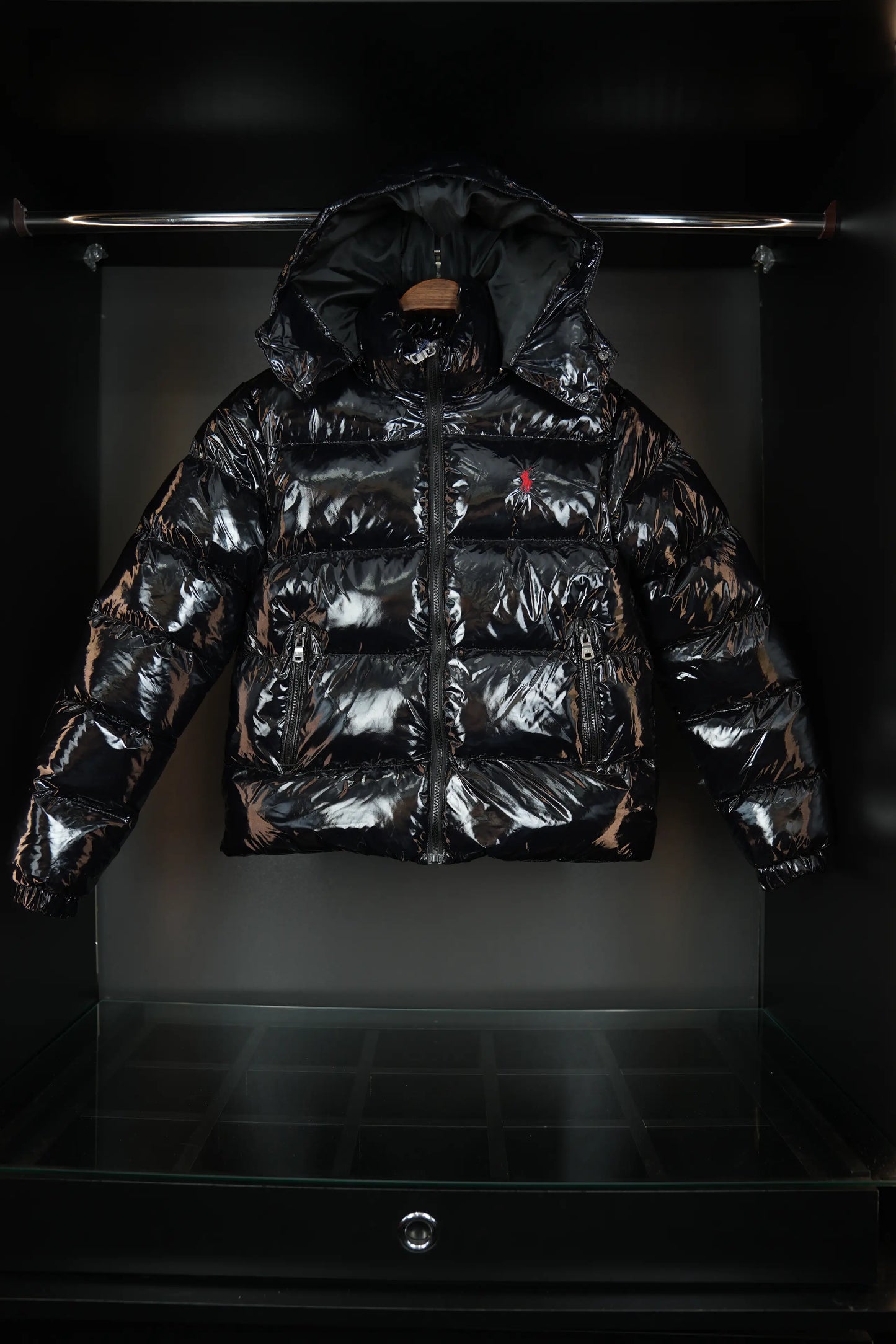 POLO RALPH LAUREN DETACHABLE HOOD HIGH SHINE DOWN PUFFER JACKET BLACK