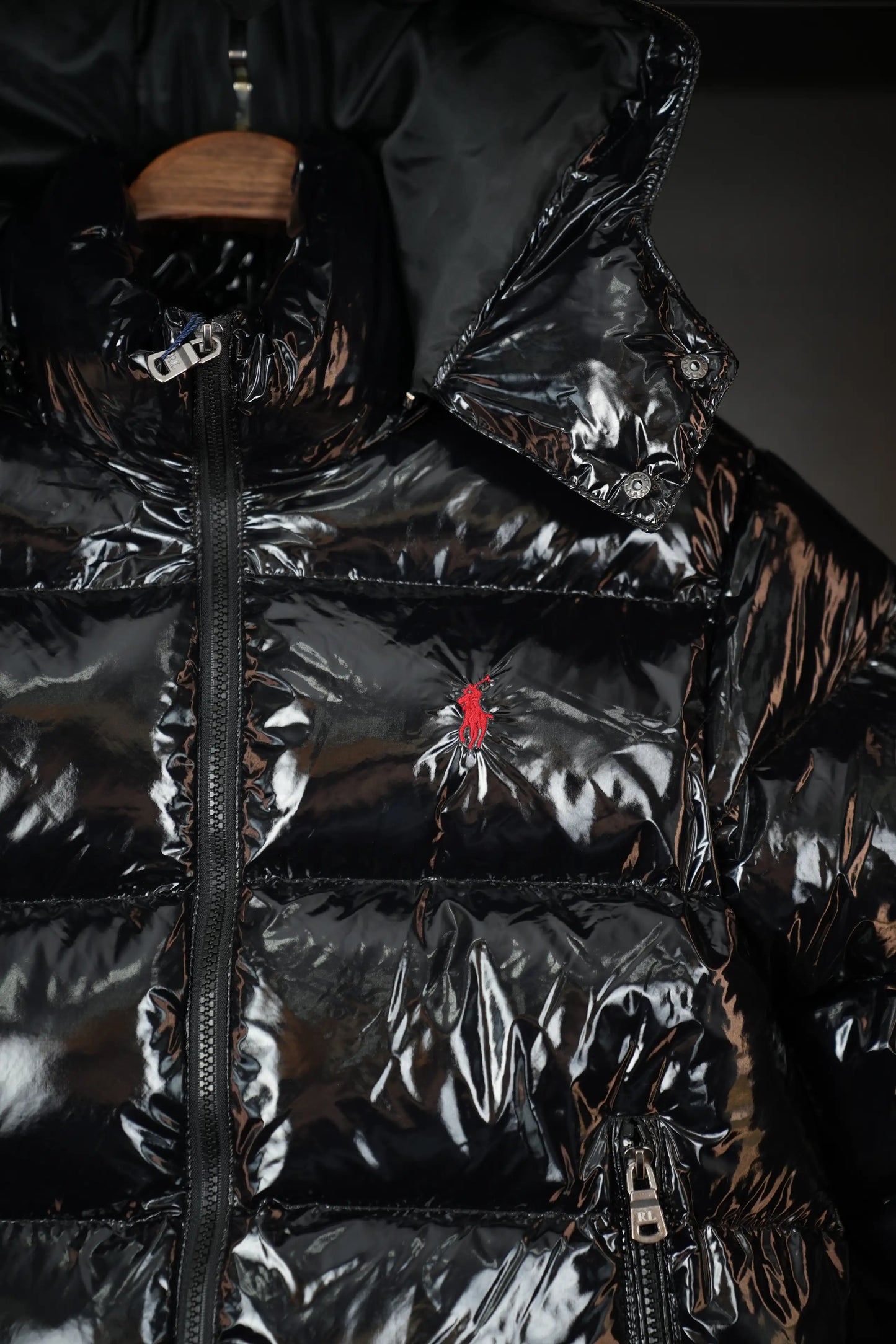 POLO RALPH LAUREN DETACHABLE HOOD HIGH SHINE DOWN PUFFER JACKET BLACK