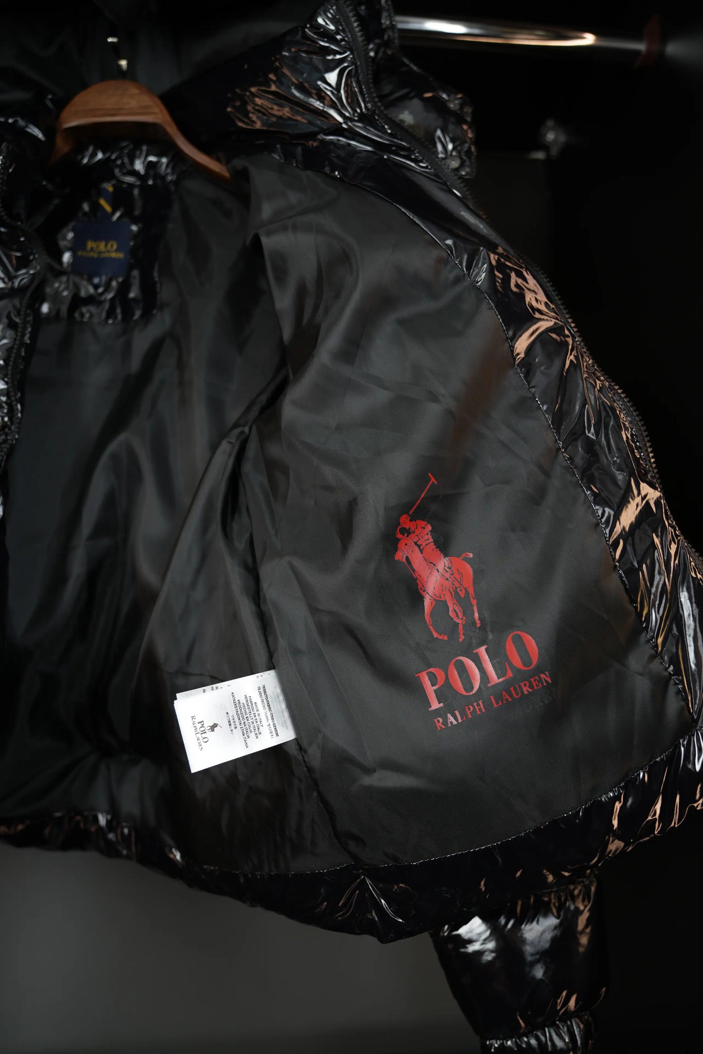 POLO RALPH LAUREN DETACHABLE HOOD HIGH SHINE DOWN PUFFER JACKET BLACK
