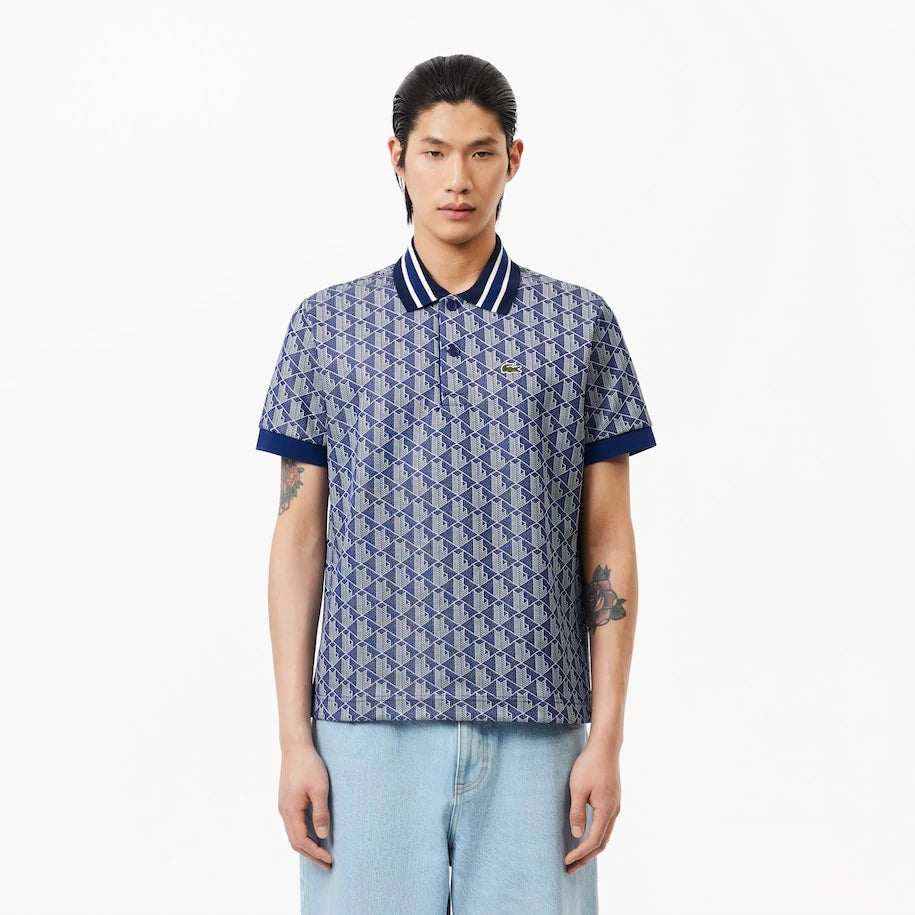 LACOSTE MONOGRAM CLASSIC FIT PÓLÓ GALLÉROS T-SHIRT - MARINA KÉK/FEHÉR