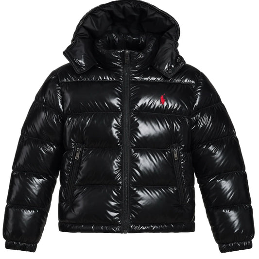POLO RALPH LAUREN DETACHABLE HOOD HIGH SHINE DOWN PUFFER JACKET BLACK