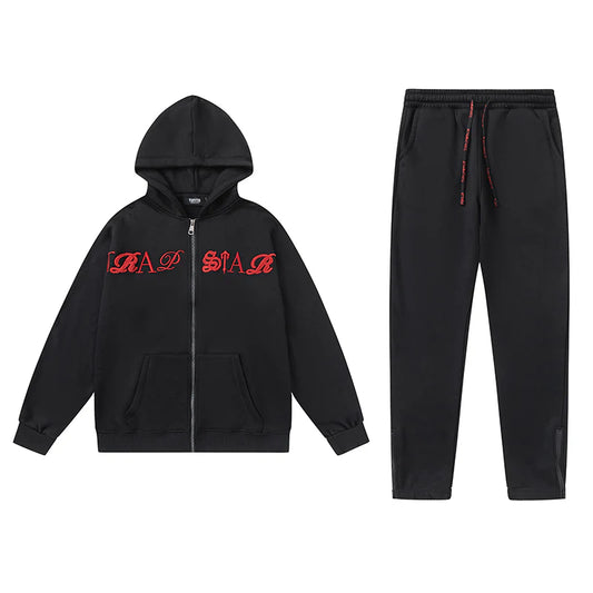 TRAPSTAR SCRIPT ZIP THROUGH HOODIE TRACKSUIT - BLACK/RED