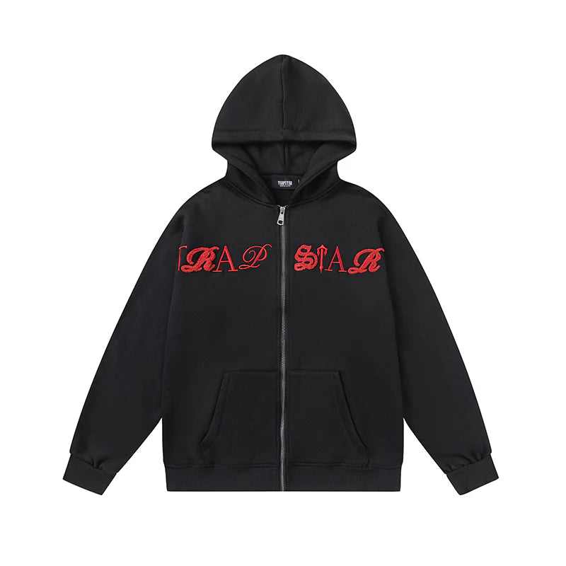 TRAPSTAR SCRIPT ZIP THROUGH HOODIE TRACKSUIT - BLACK/RED
