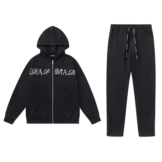 TRAPSTAR SCRIPT ZIP THROUGH HOODIE TRACKSUIT - BLACK/WHITE/PURPLE TINT