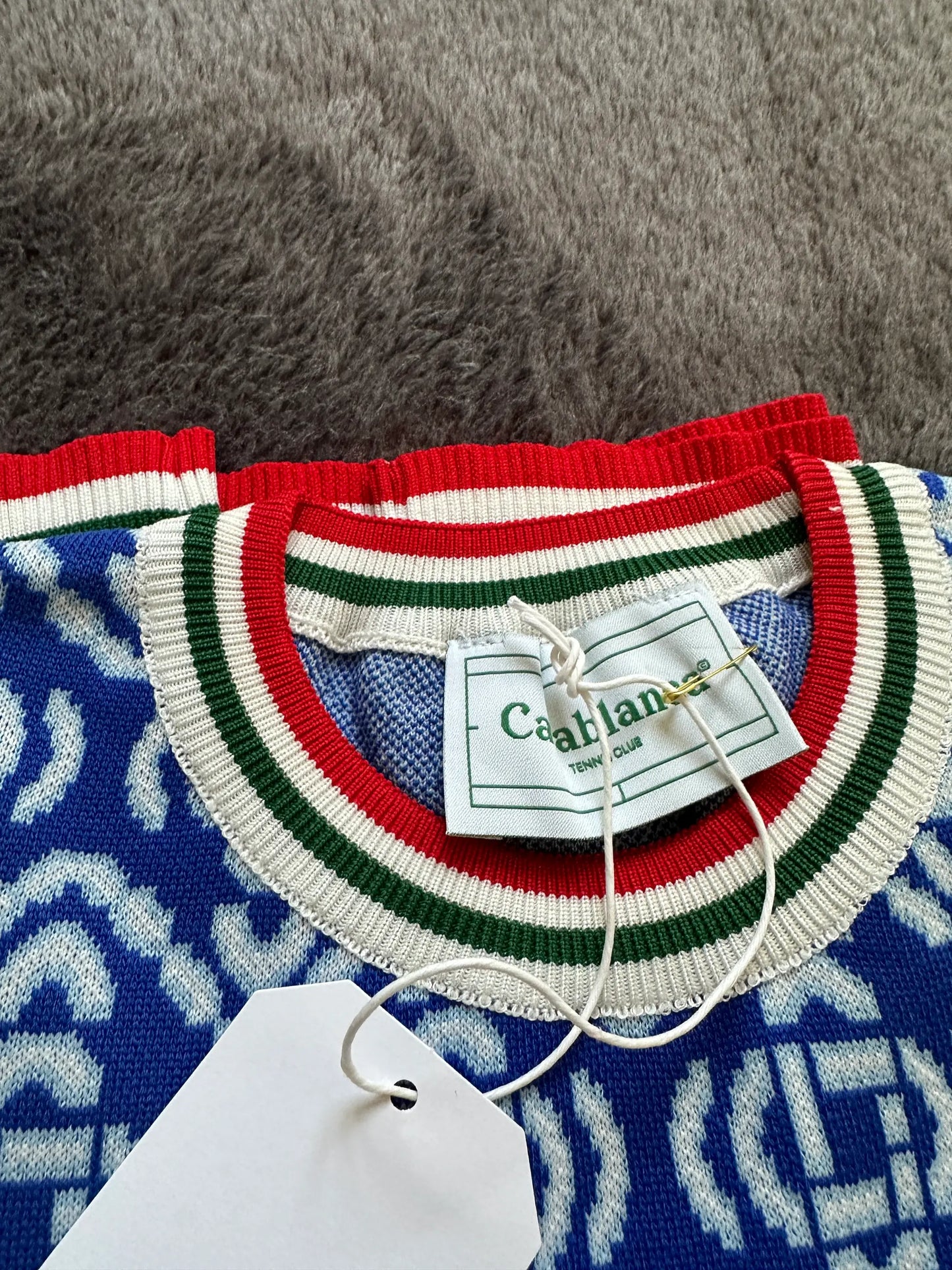 CASABLANCA MONOGRAM PATTERNED PREMIUM KNIT SWEATER - MARINA BLUE/WHITE